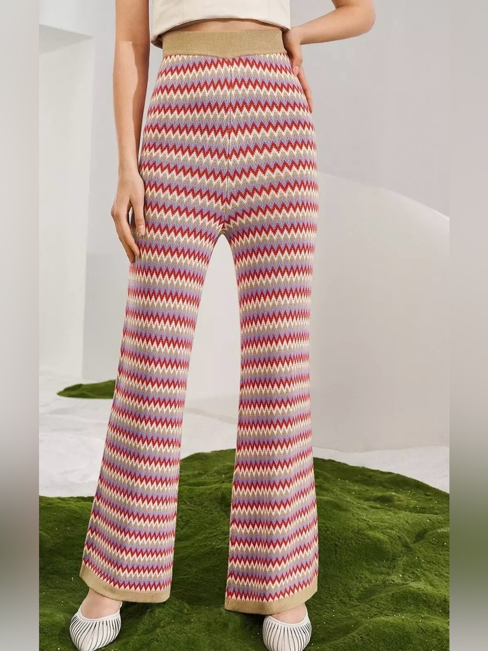 Heyson Chevron Zigzag High Waist Chevron Knit Wide Leg Pants Multicolor L NWT
